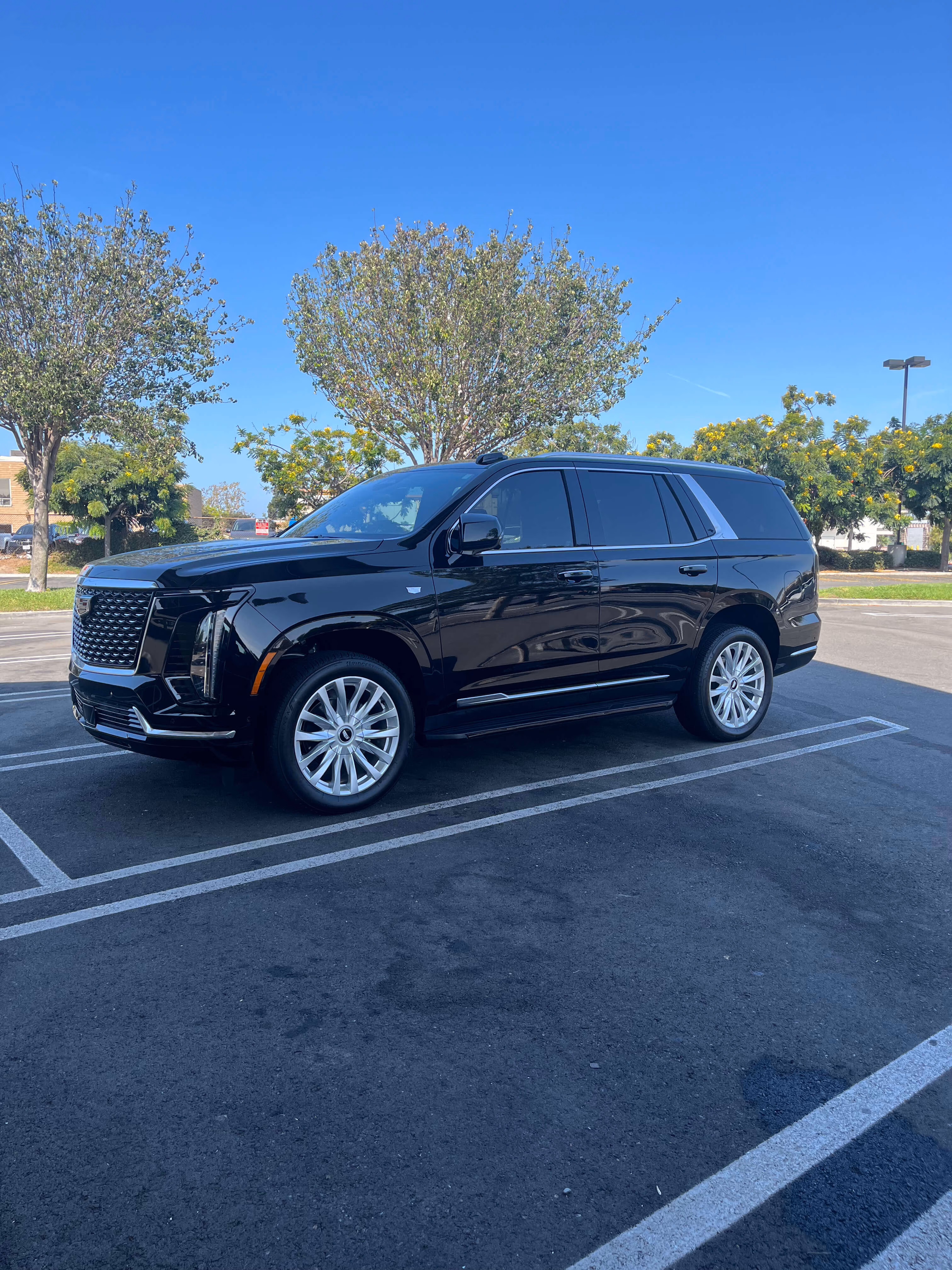 Black luxury SUV parked in a marked parking space on asphalt with trees and clear sky background.