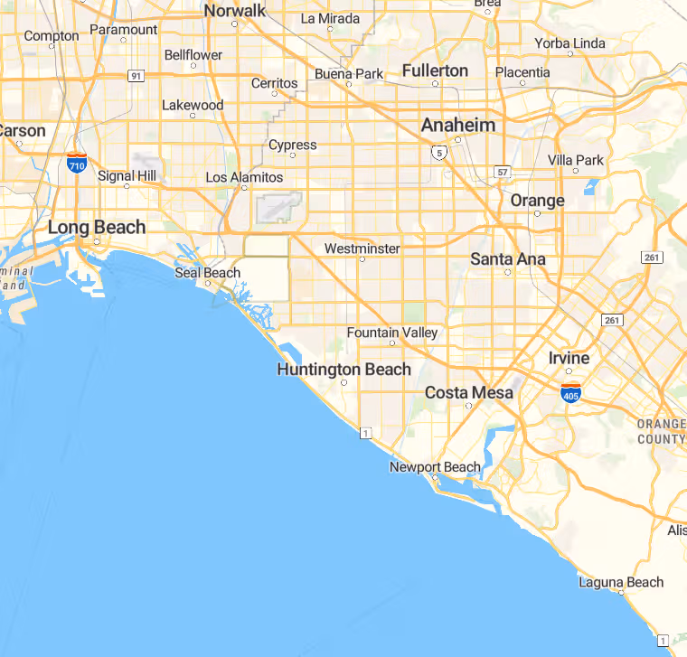 Map showing Southern California coastal cities including Long Beach, Huntington Beach, Newport Beach, and Irvine.